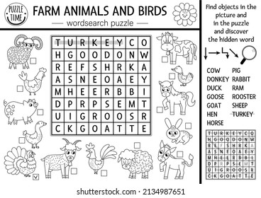 Vector farm animals and birds black and white wordsearch puzzle for kids. Simple on the farm word search line quiz. Country educational activity with cow, hen, pig. Rural crossword coloring page