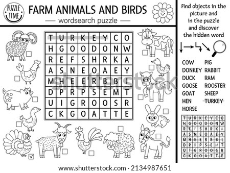 Vector farm animals and birds black and white wordsearch puzzle for kids. Simple on the farm word search line quiz. Country educational activity with cow, hen, pig. Rural crossword coloring page