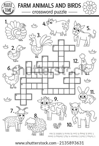 Vector farm animals and birds black and white crossword puzzle for kids. Simple on the farm line quiz. Country educational activity with cow, hen, pig. Rural village cross word coloring page
