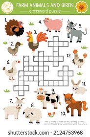 Vector farm animals and birds crossword puzzle for kids. Simple on the farm quiz for children. Country educational activity with cow, hen, pig, goat, horse. Rural village cross word with cattle
