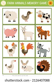 Vector farm animals and birds memory game cards with cute cow, hen, sheep, goat. On the farm matching activity. Remember and find correct card. Simple printable worksheet for kids
