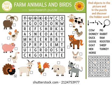 Vector farm animals and birds wordsearch puzzle for kids. Simple on the farm word search quiz for children. Country educational activity with cow, hen, pig, goat, horse. Rural crossword
