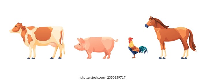 vector farm animals cartoon art deco retro set illustration isolated