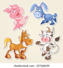 Vector farm animals cartoon characters. Cool Sticker designs in cool cartoon style. 