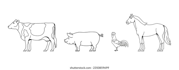 vector farm animals cartoon line art set illustration isolated