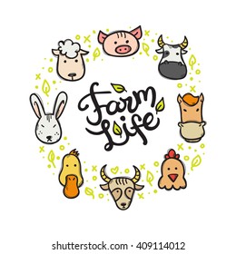 Vector farm animals doodle style circle frame with hand lettered inscription