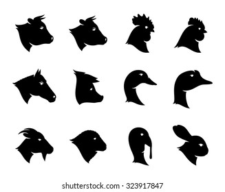 Vector farm animals icons isolated on white for groceries and butcher's shops 