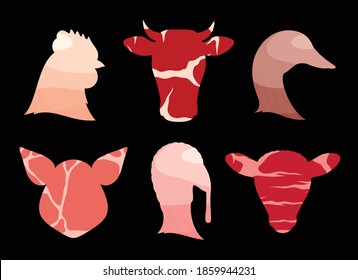 Vector farm animals icons with meat textures for butcher's shop, packaging or branding