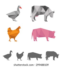 vector farm animals, origami geometric illustration, cow, pig, goose, chicken