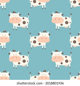 Vector farm animals patterns nursery art. Wallpaper design kids illustration. Cute cow on blue background.