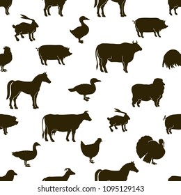Vector farm animals and poultry background. Farm illustrations. Hand drawn animal and bird silhouettes. Farm seamless pattern.