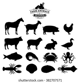 Vector farm animals and seafood silhouettes isolated on white.