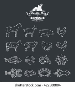 Vector farm animals and seafood thin line icons