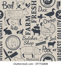 Vector farm animals seamless pattern or background, meat charts, icons and butchery design elements