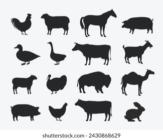 Vector Farm Animals Set. Silhouettes of Cow, Pig, Sheep, Lamb, Hen, Goat, Horse, Turkey. Design elements for emblem, poster, label. Farm Animals icons isolated on white background.