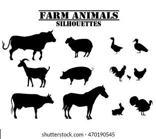 Vector Farm Animals Silhouettes Of Bull, Cow, Turkey, Rabbit, Pig, Rabbit, Goose, Duck, Rooster, Chicken, Horse, Sheep, Goat, Chicken. 