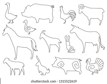Vector Farm Animals Silhouettes for coloring book Isolated on White.