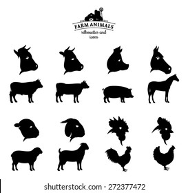 Vector Farm Animals Silhouettes and Icons Isolated on White