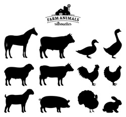 Vector Farm Animals Silhouettes Isolated On White