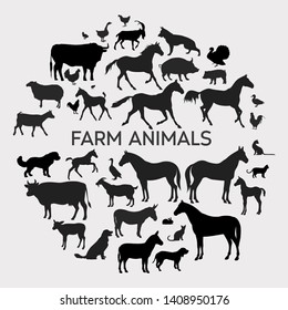 Vector farm animals silhouettes isolated on white. Livestock and poultry icons. Rural landscape with trees, plants and farm
