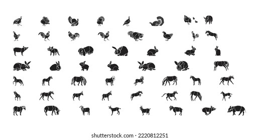 Vector Farm Animals Silhouettes Isolated on White Farm animals, thin line style, flat design Farm Animals Icon Set With Green Farm Logo