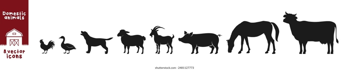 Vector farm animals silhouettes isolated on transparent background. Domesticated cattle and domestic birds.