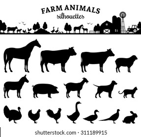 Vector farm animals silhouettes isolated on white. Livestock and poultry icons. Rural landscape with trees, plants and farm svg