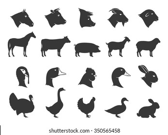 Vector farm animals silhouettes isolated on white. Livestock and poultry icons collection