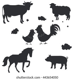 Vector Farm Animals Silhouettes Isolated on White