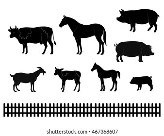 Vector farm animals silhouettes isolated on white.