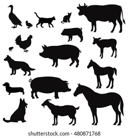 Vector Farm Animals Silhouettes Isolated On White.