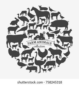 Vector farm animals silhouettes isolated on white. Livestock and poultry icons