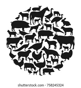 Vector farm animals silhouettes isolated on white. Livestock and poultry icons