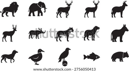 Vector Farm Animals Silhouettes Isolated on White background.