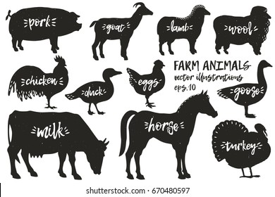 Vector farm animals silhouettes. Retro illustrations. Hand drawn animals