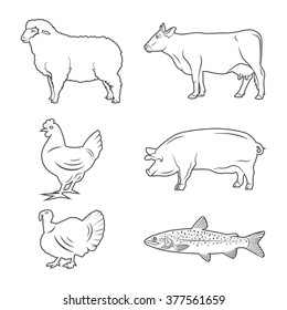 Vector Farm Animals silhouettes set. Isolated icons on a white background. Vector contour illustration.