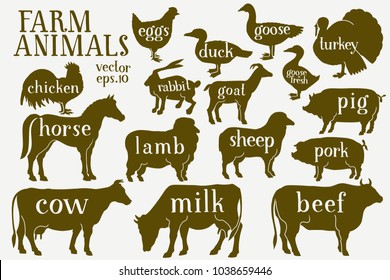 Vector farm animals silhouettes. Vintage illustrations. Hand drawn animals