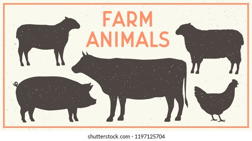 Vector Farm Animals Vintage Set. Silhouettes of Cow, Pig, Sheep, Lamb, Hen. Farm Animals icons isolated on white background. Design elements for emblem, poster, label. Grunge texture. 
