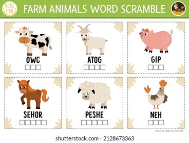 Vector farm animals word scramble activity page. English language game with cow, pig, goat for kids. Rural countryside family quiz with sheep and horse. Educational printable worksheet.
