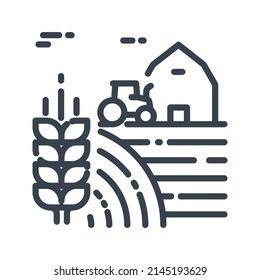 Vector farm, barn, tractor line icon isolated on transparent background. 
