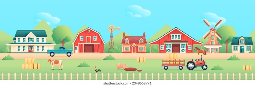 vector farm cartoon art deco retro set illustration isolated