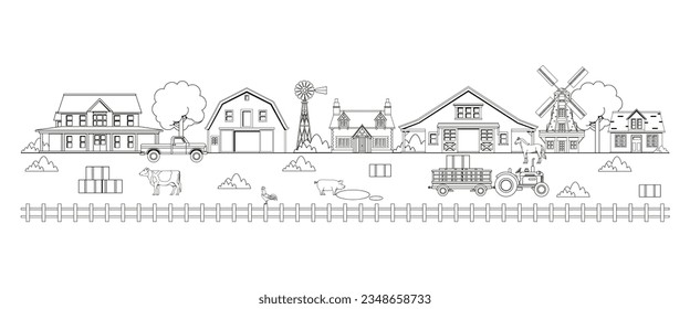 vector farm cartoon line art set illustration isolated