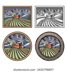 Vector farm with cultivated farmland in the spring. Illustration set in woodcut style. Self-sustainability concept. Black and white ready-to cut version.