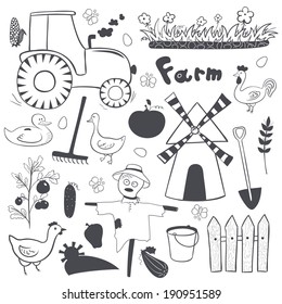 Vector farm cute black and white illustrations set in doodle style