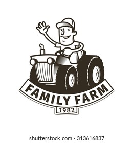 Vector farm emblem. Farm sign with a cheerful tractor driver