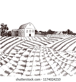 Vector Farm Engraved Style Drawing, Black Lines on White.