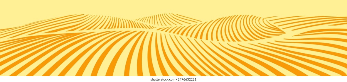 Vector farm field landscape. Furrows pattern in a plowed prepared for crops planting. Rows of soil, rural countryside perspective horizon view. Engraving sketch illustration.