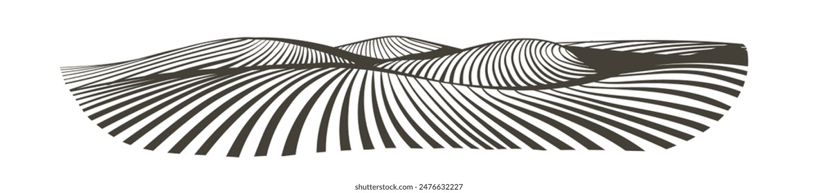 Vector farm field landscape. Furrows pattern in a plowed prepared for crops planting. Rows of soil, rural countryside perspective horizon view. Engraving sketch illustration.