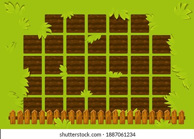 Vector farm field with wooden fence to play. Game GUI garden bed background.