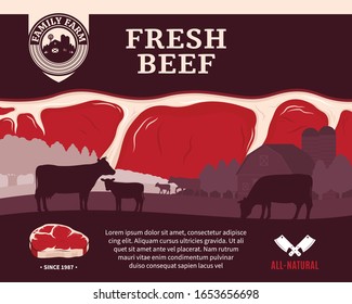 Vector farm fresh beef illustration with rural landscape, cows, calves and farm. Butcher's shop or cattle farming design elements